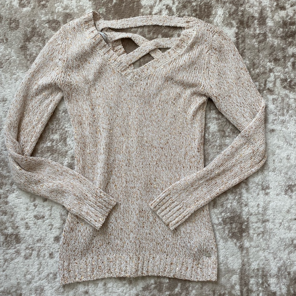 NWOT Guess Sweater Vintage Women Sz S Stretchy Knit Criss Cross Back Gold Sequin